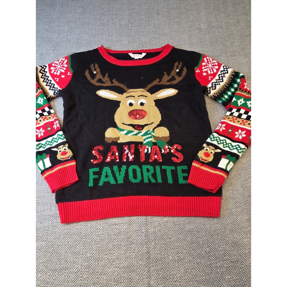 No Boundaries Ugly Christmas Sweater Women's L Black Reindeer Santa's Favorite